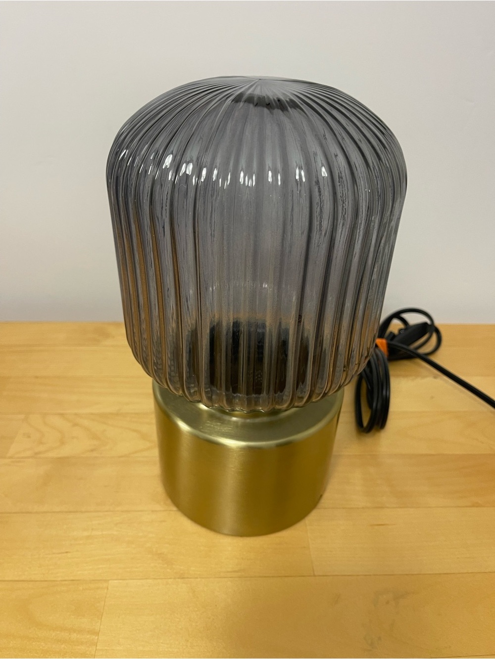 IKEA Smoke Ribbed Glass Table Lamp with Gold Base